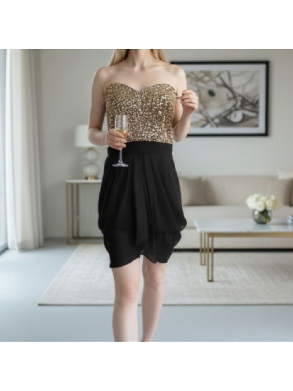 Lipsy VIP Gold Sequin Strapless Cocktail New Years Dress Size 8 USD